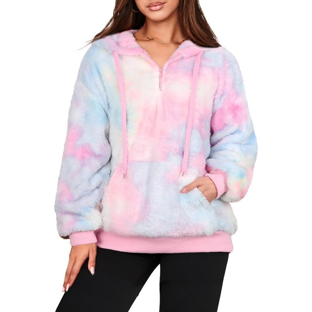 Women Pink Tie-dye Oversized Fuzzy Fleece Zip up Hoodie Sweatshirt